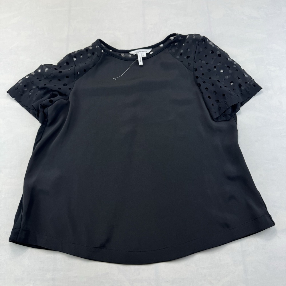 BCBGeneration Black Eyelet Sleeve Blouse Womens Medium Short Sleeve Top